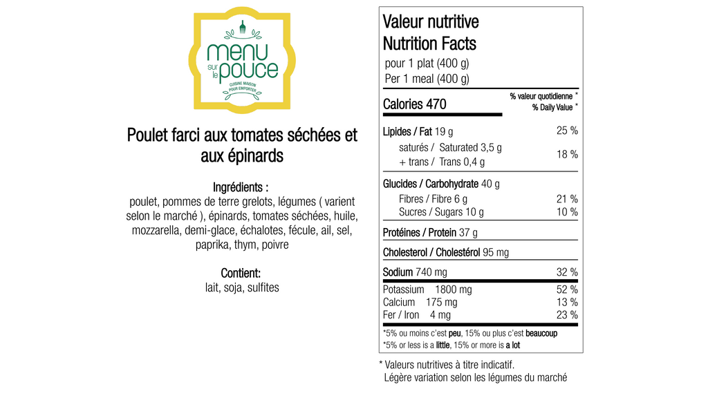 Poulet farci aux tomates séchées et aux épinards - 400g